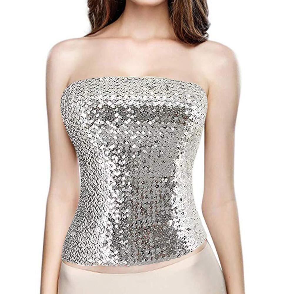 4682 Girls Sparkling Sequins Tube Top Strapless Stretchy Tank Top Crop Top